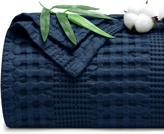 PHF Cooling Waffle Blanket Twin Size, Lightweight 60% Rayon Derived from Bamboo & 40% Cotton Breathable Blanket for Hot Sleepers, Soft and Luxury for Bed Couch and Sofa, 66"x90", Navy Blue