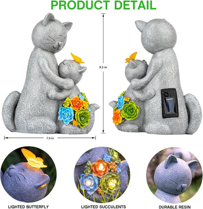 Solar Garden Statues Loving Cat Figurine Lights for Outside, Yard Decorations Outdoor, Garden Decor Unique Mothers Day Birthday Housewarming Gifts for Mom, Women
