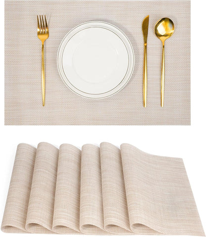 Placemats Set of 6，Non-Slip PVC Weave Table Mats Easy to Clean，Heat Resistant Place Mats for Kitchen Dining Table Decoration Indoor Outdoor，Beige White