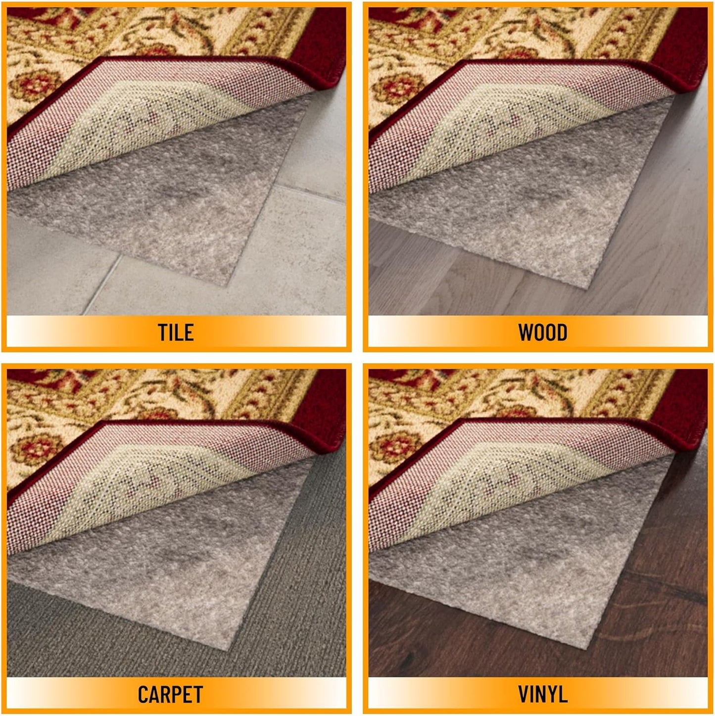 Ottomanson 8' x 10' Non-Slip Rug Pad Gripper 1/4 Inch Thick Dual Surface Felt + Rubber Gripper - Safe for All Floors, Brown