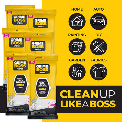 Grime Boss Heavy Duty Wipes (6 x 30ct) | Wet Wipes Used for Hands, Equipment, Tools, Garden, Automotive| Easily Removes Oil, Grease, & Dirt (Pack of 12)