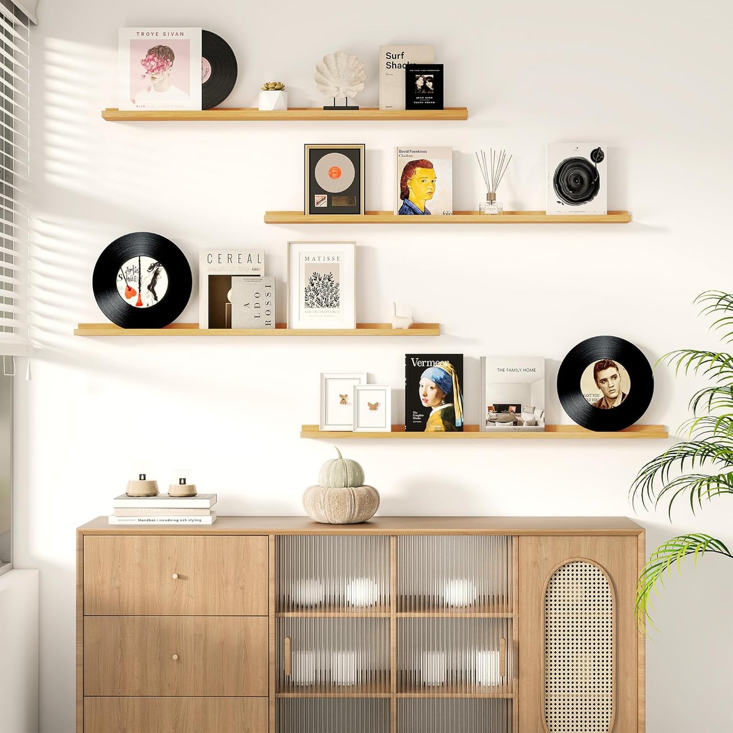 Picture Ledge Shelf for Wall, Floating Shelves Set of 4, 48 Inch Long Nursery Book Shelves for Toys Storage, Kids Bookshelf Wall Mounted for Books Photo Frames, Oak