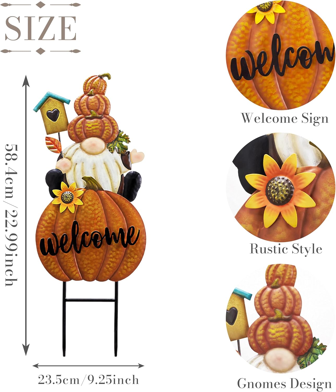 TERESA'S COLLECTIONS Fall Gnome Pumpkin Decorations for Outdoor Home, Metal Fall Decor Welcome Signs Stakes, Orange Autumn Yard Decor for Thanksgiving, Harvest Garden Patio Gift for Mom 25"