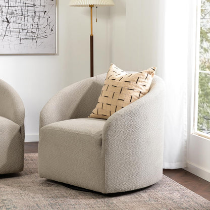 KINWELL 32" Wide Modern Boucle Swivel Barrel Chair, No Assembly Round Upholstered Swivel Accent Armchair for Living Room, Bedroom, Office (Oatmeal)
