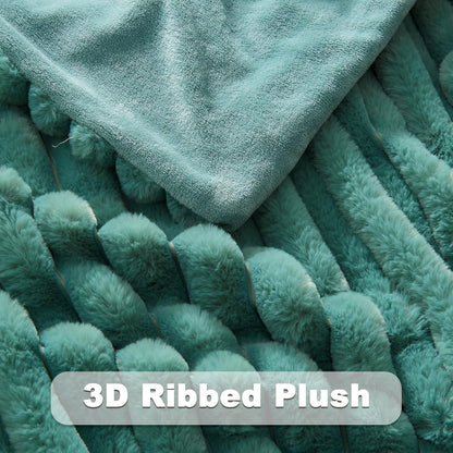 NEWCOSPLAY Faux Fur Twin Blanket Light Teal 3D Ribbed Plush Thick Warm Blanket for Couch Sofa Bed 850GSM (Light Teal Ribbed, Twin(60"x80"))