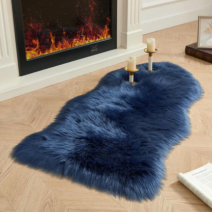 AMTOVO Faux Fur Rug, Dark Blue Area Rug, Fluffy Sheepskin Rug, Fuzzy Ultra Soft 2 x 4 ft Shag Rugs for Bedroom Sofa Throw Cushion Room Decor, Sheepskin