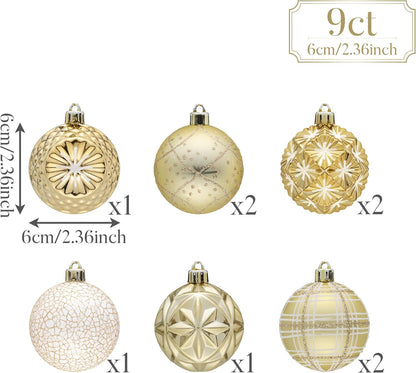 Valery Madelyn Ornaments for Christmas Trees, 9ct 2.36 Inches White and Gold Shatterproof Christmas Tree Decorations, Luxury Hanging Ball Ornaments for Xmas Holiday Party Decor