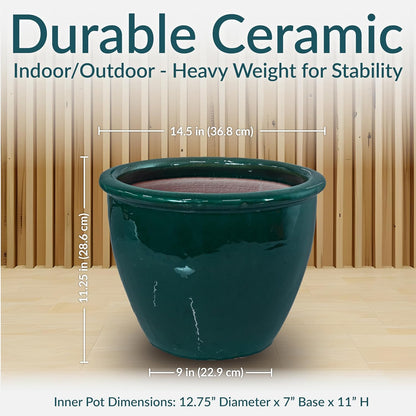 Sunnydaze Chalet Large Ceramic Plant Pot - Round Outdoor Glazed Ceramic Planter Pot with Drainage - Dark Green - 14.5"