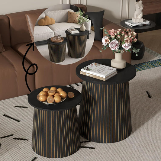 Nesting Coffee Table Set of 2, Round End Table with Storage, Farmhouse Side Table with Removable Wood Tops and Wood Basket Bases for Blanket Storage, Modern Coffee Table for Living Room (Black)