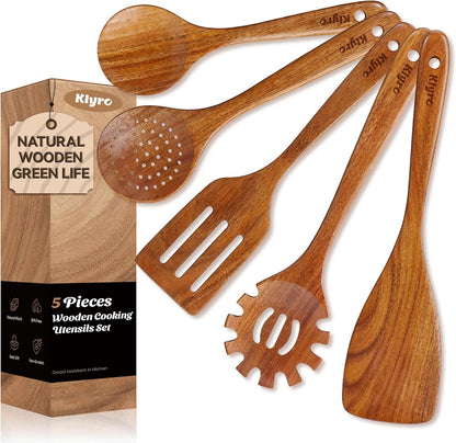 Teak Kitchen Utensils Set, 5 Piece Premium Wooden Cooking Utensils Set, Non-Stick Heat-Resistant Wooden Spoons for Cooking, New Apartment Essentials