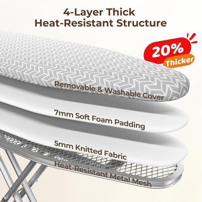 Yaheetech Foldable Ironing Board, Heavy Duty Iron Board with 9 Adjustable Heights, 4 Layer Cover and Safety Iron Rest, 52X14 Compact and Space Save Iron Board for Home Laundry Room Use, Gray&White