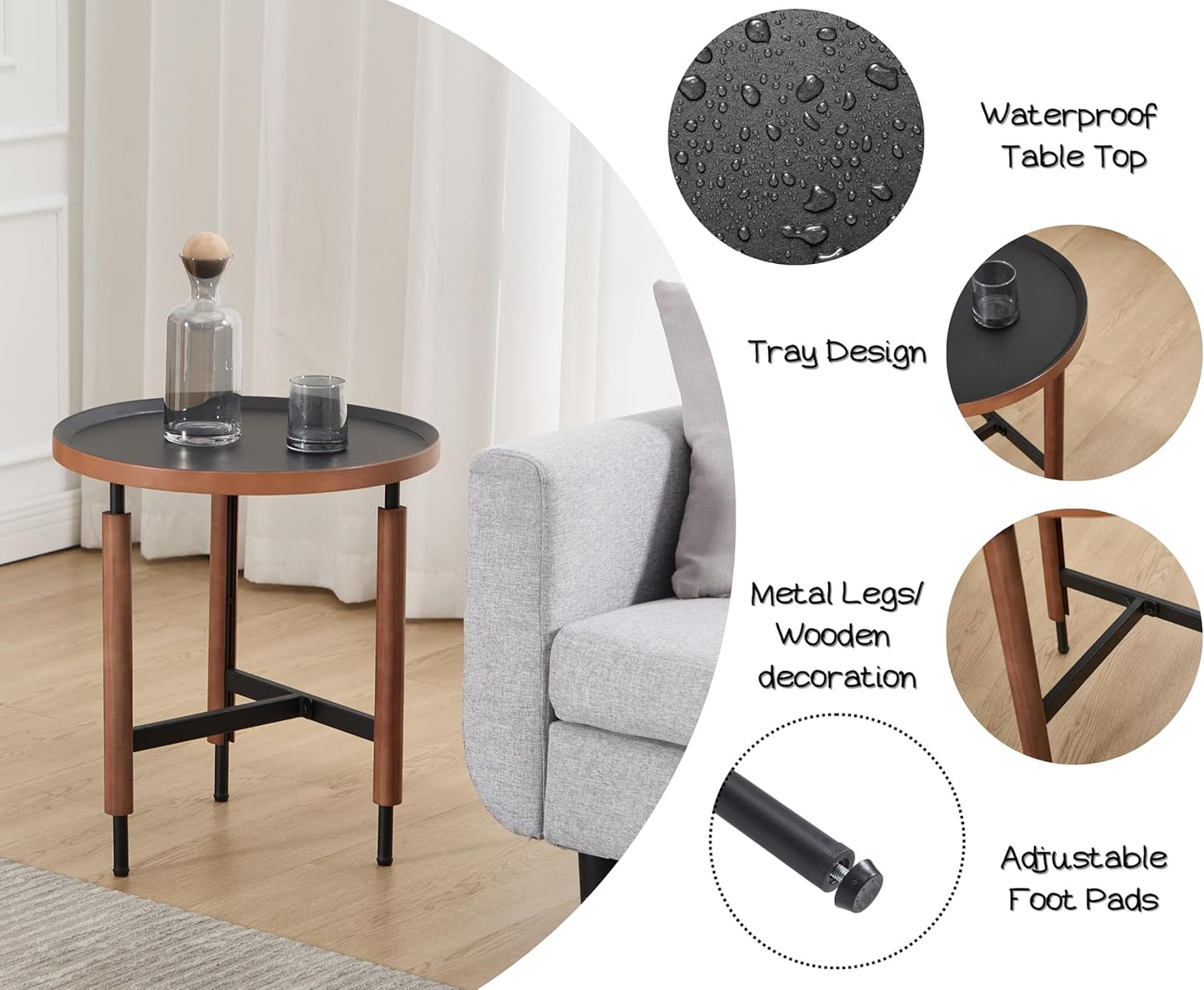 EALSON 19.5" Round Side Table Mid Cnetury Modern End Table for Couch Sofa with Black Metal Legs/Wood Top Vintage Accent Nightstand for Living Room Bedroom Small Spaces Office, Walnut