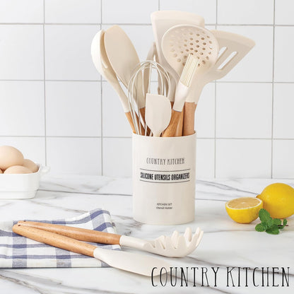 Country Kitchen Non Stick Silicone Utensil Set with Rounded Wood Handles for Cooking and Baking, 14 Piece Set, Khaki