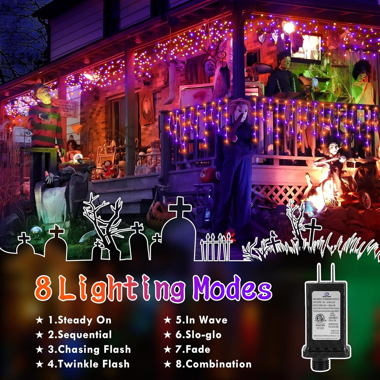 KNONEW Orange Purple Halloween Lights 33FT 400 LED String Lights Outdoor with 75 Drops, 8 Lighting Modes, Timer Memory Function Connectable Hanging Curtain Lights for Halloween Party Decor
