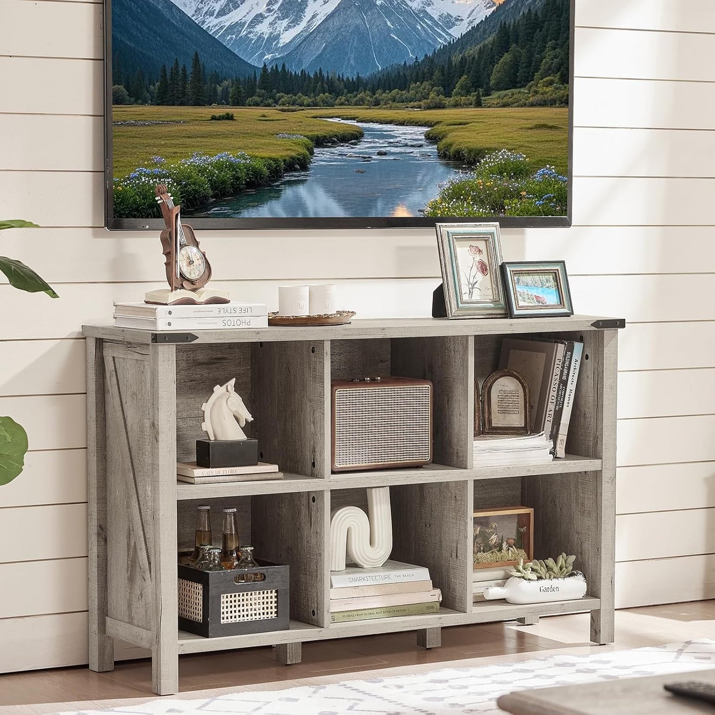 Farmhouse 6 Cube Bookshelf, Rustic Grey Oak Wooden Storage Organizer Book Shelf, 47 Inch Cubby Hallway Bookcase, Kids Toy Storage Cabinet, Modern Open Book Case for Living Room, Hallway