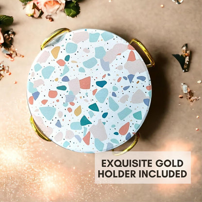 Terrazzo Drink Absorbent Coasters with Holder Set of 6, Ceramic Coaster for Drinks, Coffee Table Decor, Water Absorbing Stone Coaster for Drinks (Pastel)