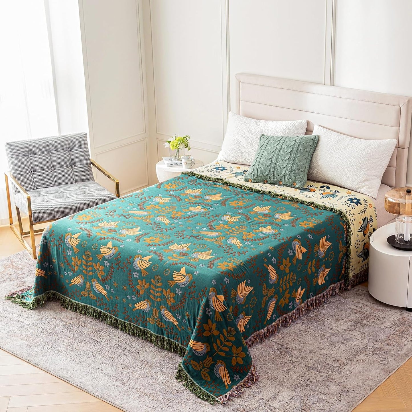 MSGKV Boho Throw Blanket Queen Size Cotton Blanket for Couch and Sofa Living Room Blanket Summer Bed Cozy Gauze Blanket 90" x 90"