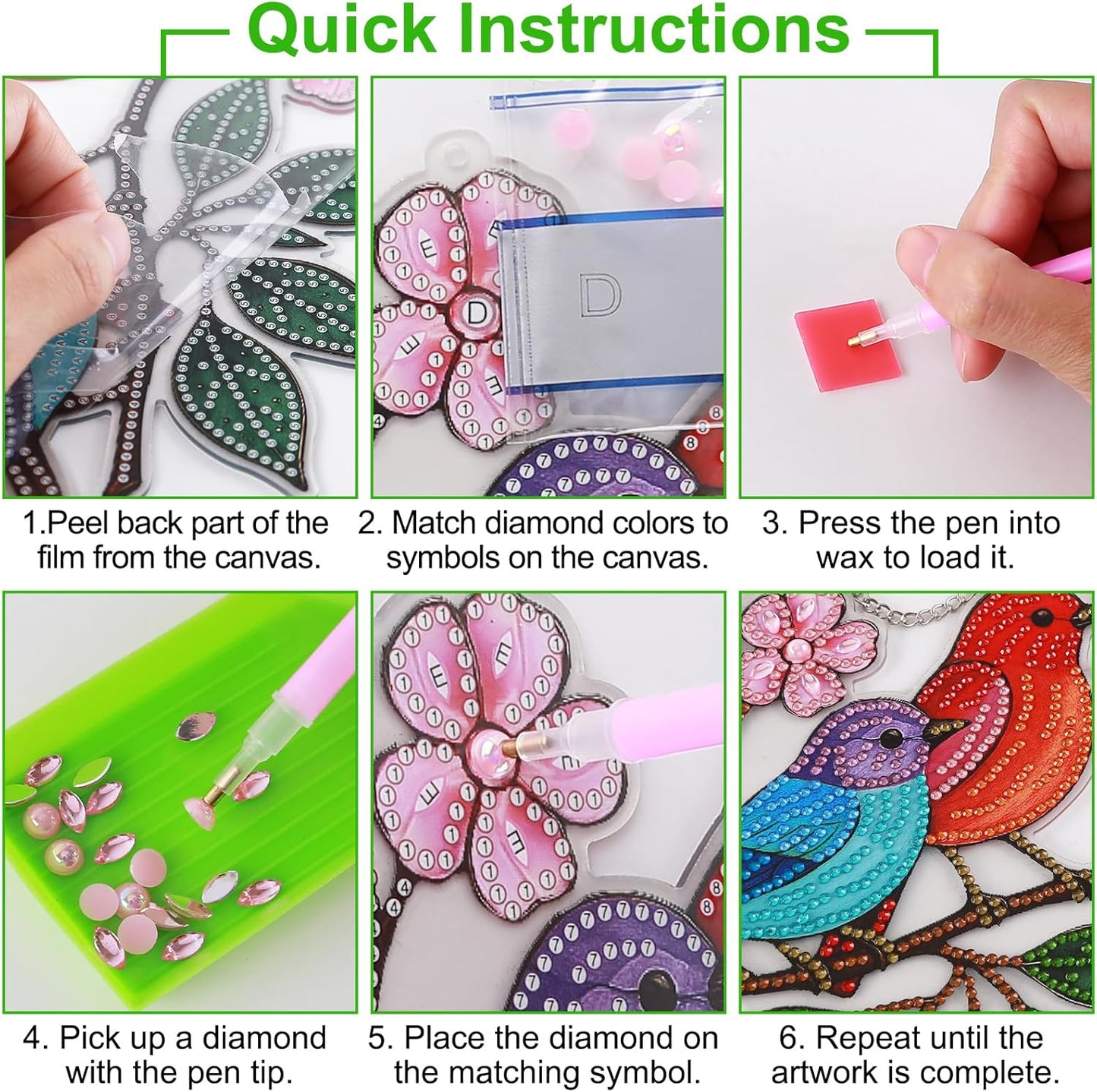 Diamond Art Suncatchers Hanging Kits, Hummingbird Diamond Art Painting Ornaments for Adults, Spring Birds Acrylic Board Gem DIY Painting Kit Window Wall Home Crafts Pendant Christmas Gift