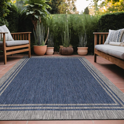 Bordered Outdoor Rug 10x14 Washable Outside Carpet for Indoor Patio Porch Waterproof Easy Cleaning Non Shedding Area Rugs Navy 10 x 14