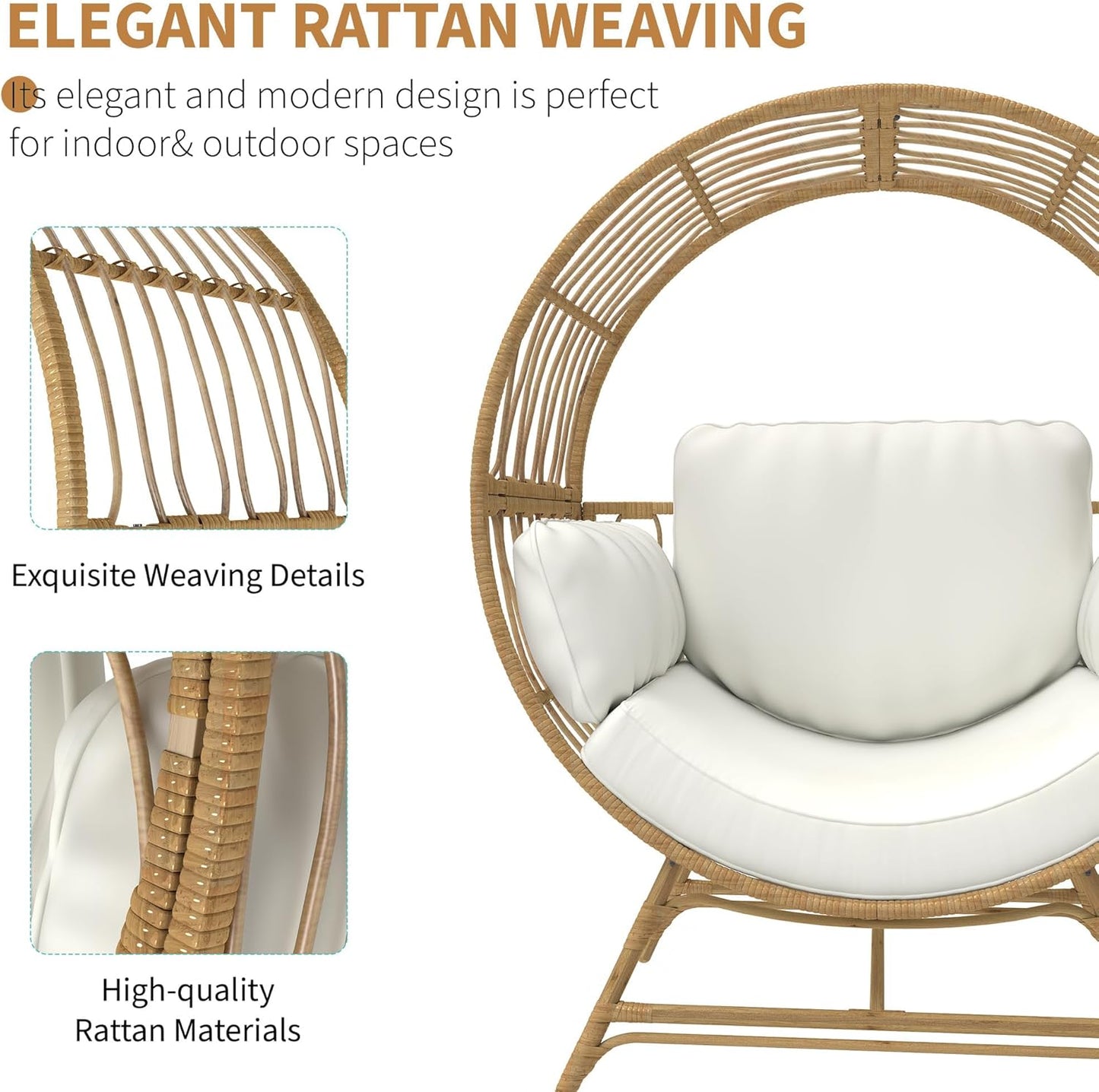 Egg Chair Outdoor Indoor, Oversized Rattan Chair with Thicken Cushion, 350LBS Capacity Wicker Patio Lounge Chair, Basket Chair for Living Room Balcony Porch Backyard, Beige