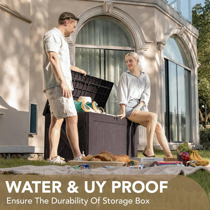 Devoko 120 Gallon Deck Box Resin Outdoor Storage Box Waterproof for Patio, Large Outdoor Storage Bench Lockable for Outside (Deep Brown)