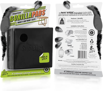 Slipstick GorillaPads Non Slip Furniture Pads/Gripper Feet Floor Protectors (Set of 8) Premium 4 Inch Pre-Scored Self Stick Rubber Stoppers for Furniture Legs