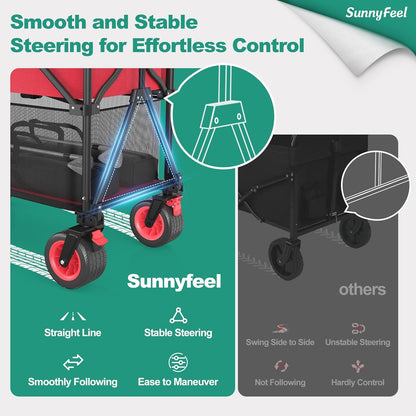SUNNYFEEL Heavy Duty Collapsible Outdoor Utility Wagon Cart 500LB Capacity Adjustable Handlebar,Foldable Beach Wheels Stable Durable Oxford Fabric for Shopping Garden Camping (Red, Double Deck)