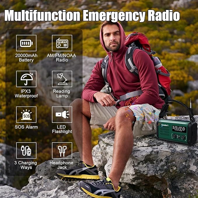 Emergency Weather Radio, 20000mAh NOAA/AM/FM Solar Hand Crank Radio with USB Phone Charge, Battery Powered, SOS Alarm, LED Reading Lamp & Flashlight for Emergencies Survival