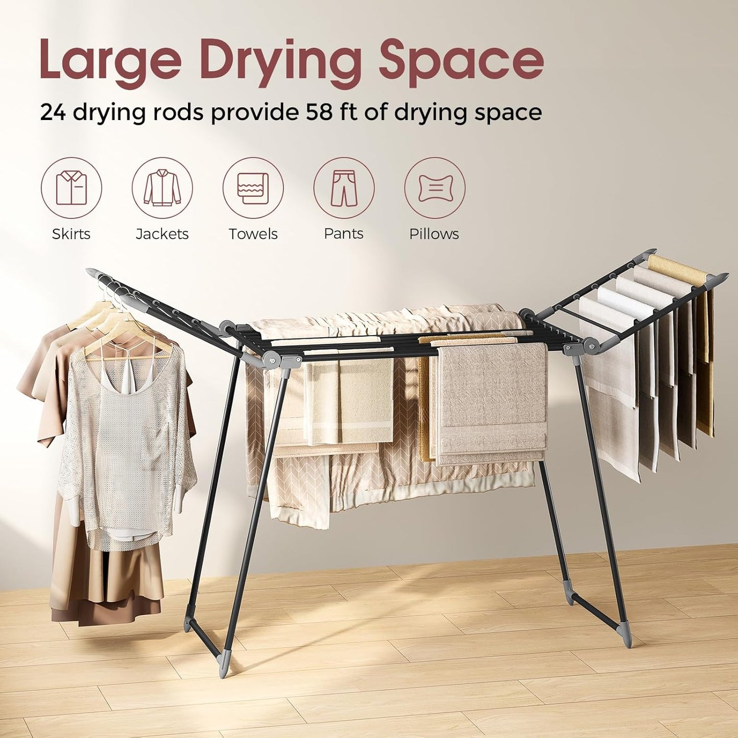 APEXCHASER Clothes Drying Rack Foldable, Large Drying Rack Clothing, Winged Laundry Rack Folding Indoor Outdoor, Metal Clothes Airer for Bedding Towel Sweater Heavy Duty, 68.9" X 23.6" X 41.3", Black