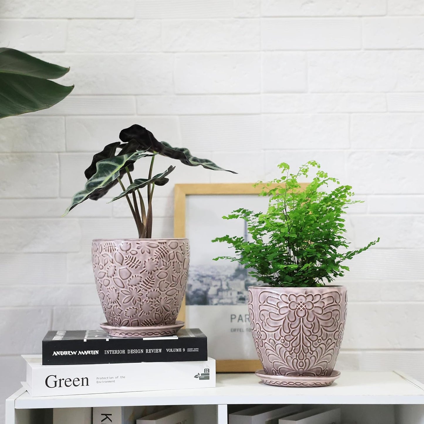 6 Inch Retro Ceramic Planter Set of 2 with Drainage Hole and Saucer for Plants, Indoor-Outdoor Garden Pots for Succulent, Orchid, and Flower (Fits Inner Pots Up to 5 Inches, Retro Peach)