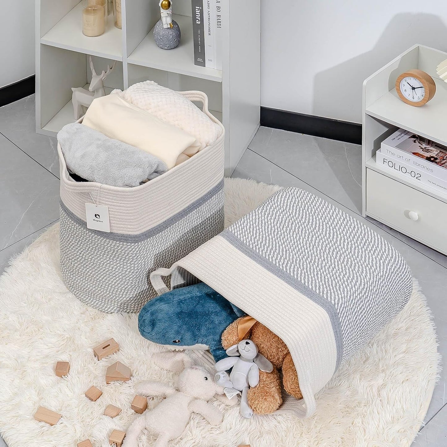 Storage Baskets for Clothes Fabric Cotton Rope Storage Basket with Handles, Decorative Woven Basket for Living Room,Closet Organizer Blankets, and 2bags (White/Gray, L14×W11×H14)