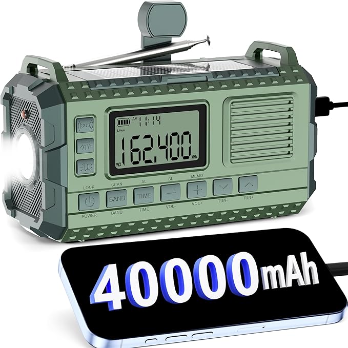Emergency Weather Radio - AM/FM/NOAA Hand Crank Radio with 15W Fast Charge, 40000mAh Portable Solar Power Bank, Multi-Function Flashlight & SOS Alarm for Outdoor Indoor Emergencies (Green)