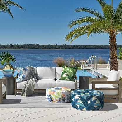 LVTXIII Indoor/Outdoor Inflatable Ottoman, D31 x H14 Inch Large Round Ottoman, All Weather Foot Rest Stool, Portable Footrest for Patio, Garden, Camping and Home - Swaying Palms Blue