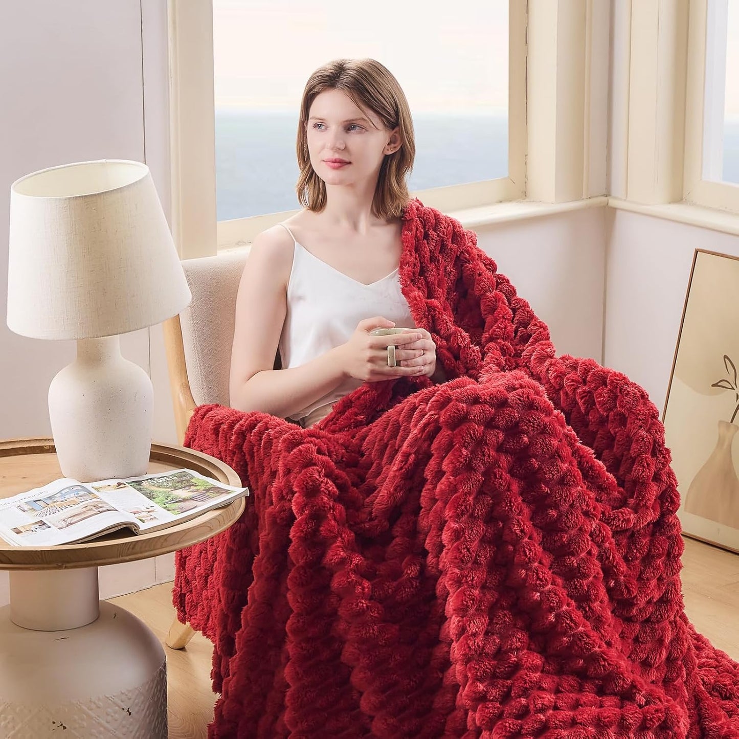 NEWCOSPLAY Super Soft Queen Blanket Red Premium Silky Flannel Fleece 3D Clouds Stylish Jacquard Lightweight Bed Blanket All Season Use 350GSM (Red, Queen(90"x90"))