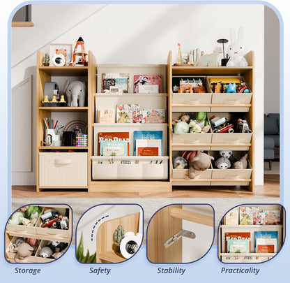 Kids Toy Book Storage Organizer - Large Bookshelf with 7 Removable Bins, Baby Bookshelf and Toy Storage, 4-Tier Book Shelf for Kids Room, Playroom, Classroom, 51 inch, Burlywood