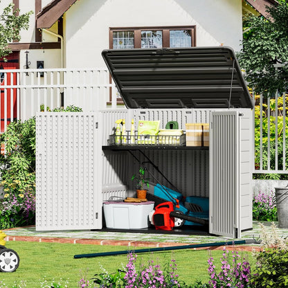 ZZM Large Outdoor Storage Shed, 48 Cu Ft Resin Versatile Storage Cabinet for Patio Accessories, Trash Cans & Garden Tools, Durable Horizontal Storage Box with Lockable Lid (White)