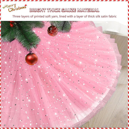 Christmas Wedding Tree Skirt,45 inch 4-Layer Fluffy Romantic Pleated Sparkly Skirt Decoration Xmas Tree Ornament for Holiday and Party(Pink)