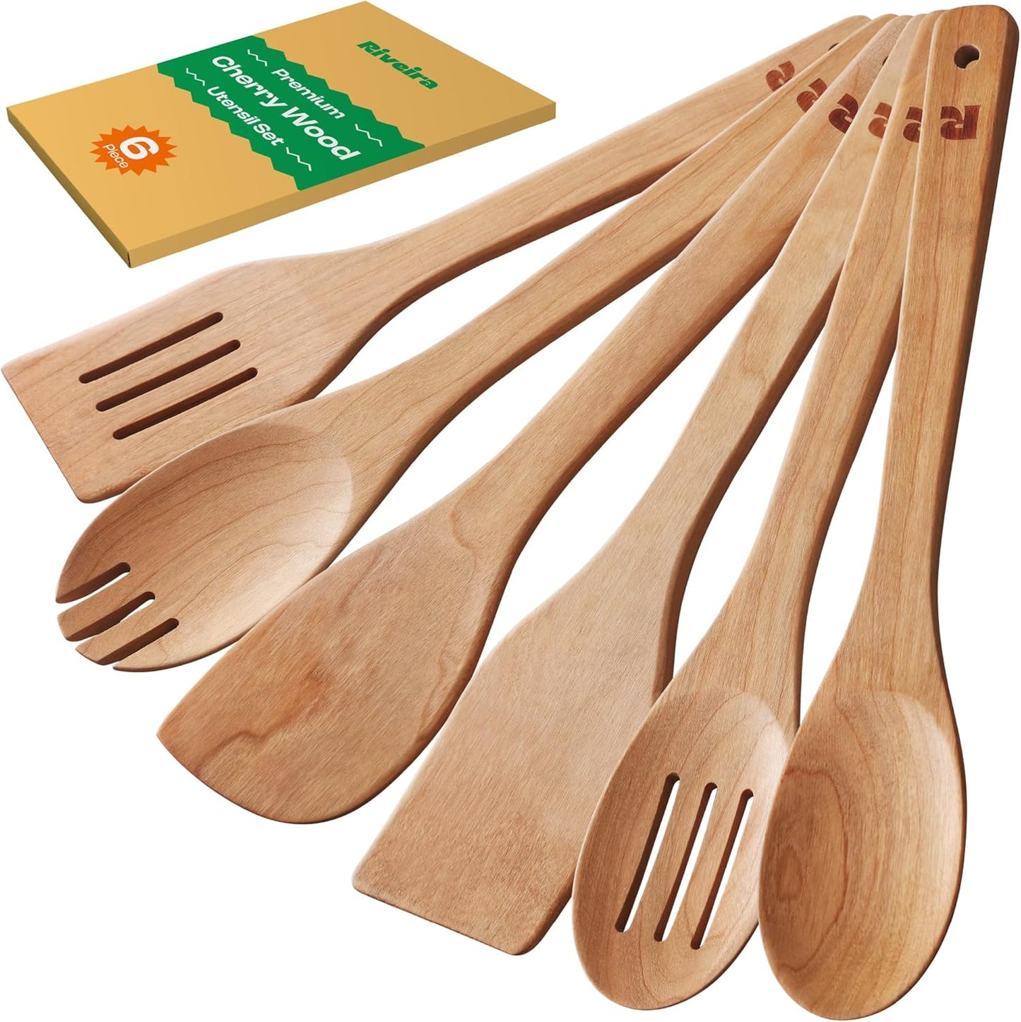 Riveira Cherry Wooden Spoons for Cooking Set of 6 – Natural Cherry Wooden Cooking Utensils, Wooden Spatula, Wooden Spoon - Premium Quality Wooden Utensil Set for Non-Toxic Cooking