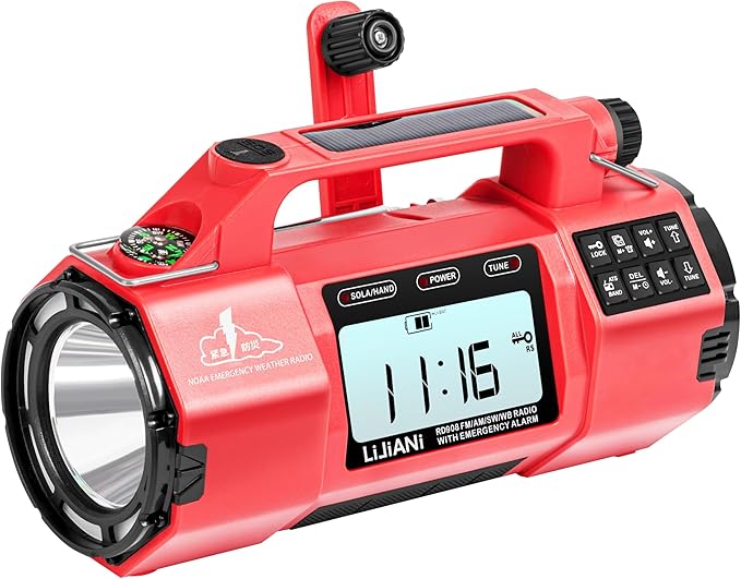 Hand Crank Emergency FM/AM/SW Weather Radio NOAA Alert, USB-C Solar Power, Bright Flashlight with Cell Phone Charger, Timer Clock for Home & Outdoor Hurricane Storm Survival kit
