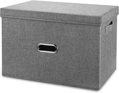 Large Linen Fabric Foldable Storage Bins with Removable Lid and Handles, Washable Storage Box Organizer Containers Baskets Cube with Cover for Bedroom,Closet,Office,Nursery (Grey, Extra Large)