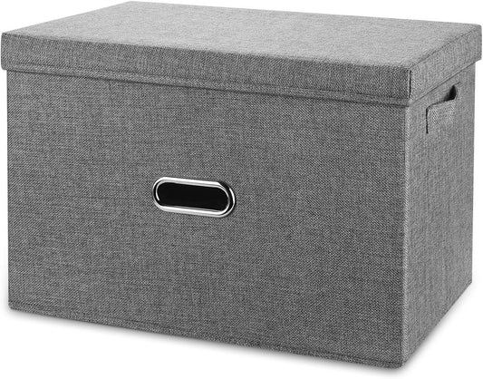 Large Linen Fabric Foldable Storage Bins with Removable Lid and Handles, Washable Storage Box Organizer Containers Baskets Cube with Cover for Bedroom,Closet,Office,Nursery (Grey, XXL)