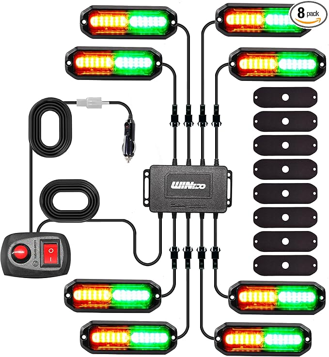 WINECO 8PCS LED Strobe Lights kit12V Sync Feature Green Amber 12LED Emergency Hazard Warning Lights with Strobe Controller for Trucks Vehicles ATV RV Cars Van