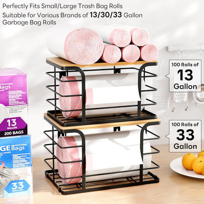 2 Pack Extra Large Stackable Pantry Organizers and Storage,Wall Mount Trash Bag Holder Dispenser with Bamboo Top for Kitchen Laundry Room Organization,Black