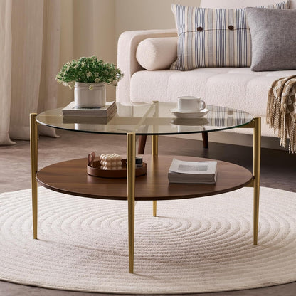 Round Coffee Table, Mid-Century Modern Design, D30“ x H17”, for Living Room, 2-Tier Structure, Clear Glass Top and Walnut MDF Shelf, Sleek Conical Metal Legs with Gold Finish