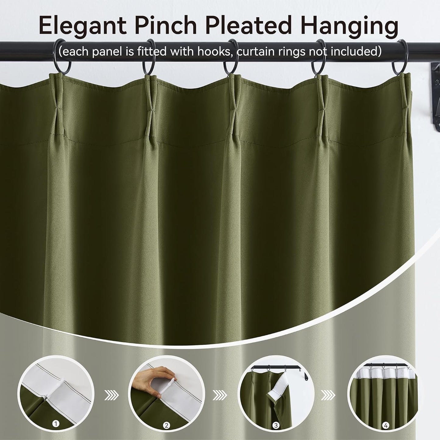 KangBang Olive Green Blackout Curtains 90 Inches Long for Bedroom, Pinch Pleated Thermal Insulated Memory Shape Draperies for Living Room Kitchen with Hooks(40”Wx90”L,2 Panels)