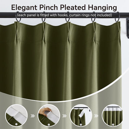 KangBang Olive Green Pinch Pleated Blackout Curtains 120 Inches Long for Hall Windows, Sound Dampening Light Blocking Modern Window Panels Ceiling to Floor for Villa 2 Panels, 40Wx120L