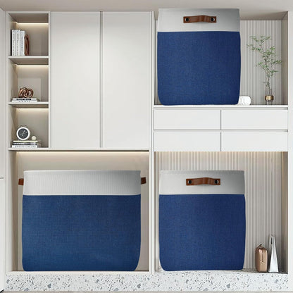 DULLEMELO 51L Large Baskets for Storage, Large Rectangular Baskets for Shelves [3 Pack], Blanket Basket Dog Toy Basket for Organizing Closet, Nursery, Clothes,Toys (White&Blue)