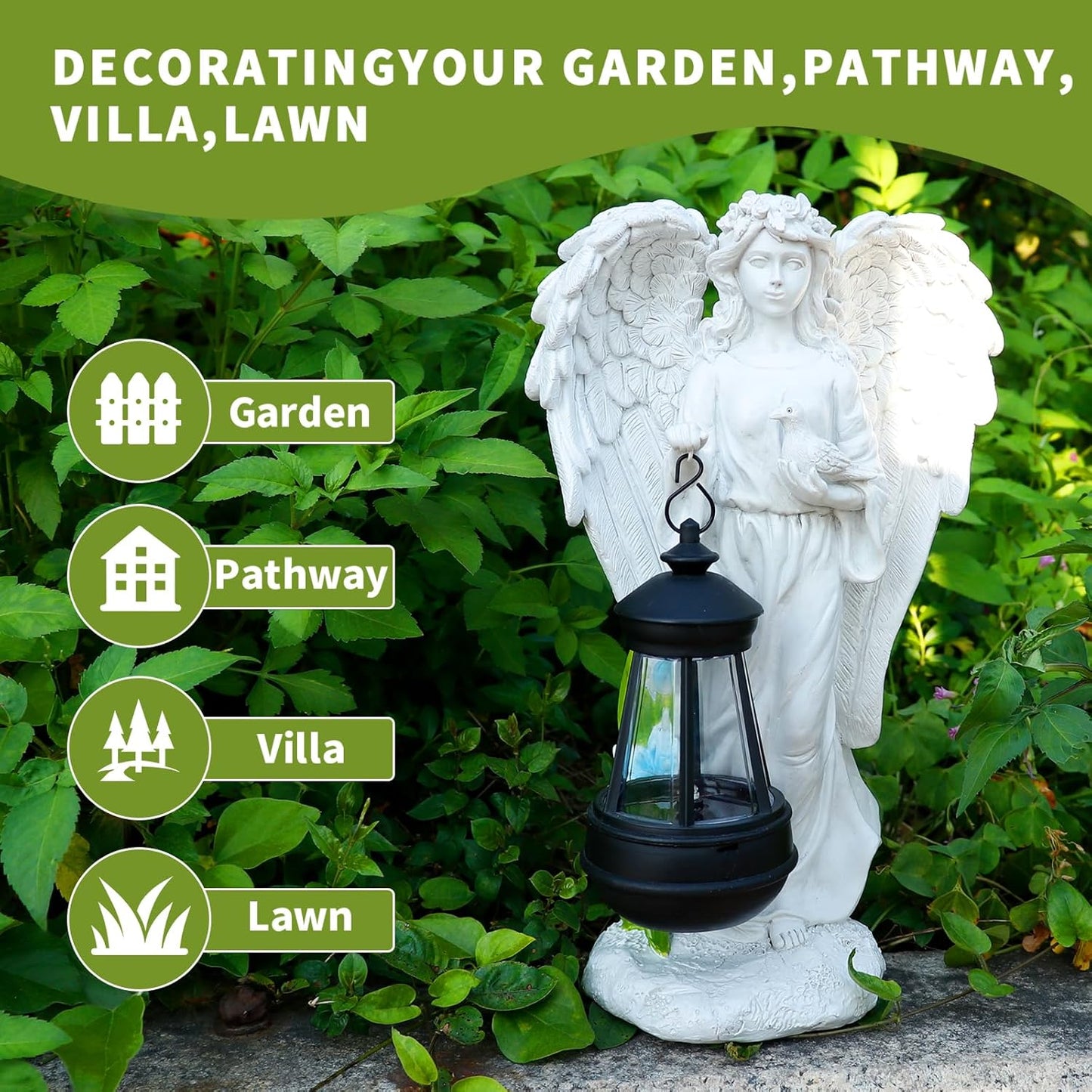 Solar Angel Garden Statue, Angel Figurine Outdoor Decor with Warm White Solar Lantern Garden Angel Figurine Outdoor Statue Waterproof Angel Sculpture Lawn Yard Art Patio Ornament Housewarming Gift