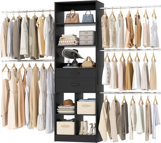Closet System, 4-8 FT Closet Organizer Tower with 2 Wooden Drawers and Shelves, Can Fit 60 to 96 inch Walk-in Closet System with 5 Hang Rods, Built-in, Black