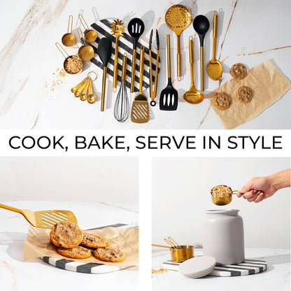 Black and Gold Kitchen Utensils Set - 19-PC Set Includes Stainless Steel and Silicone Cooking Utensils, Measuring Cups and Spoons - Black and Gold Kitchen Accessories for Stylish Cooking & Serving